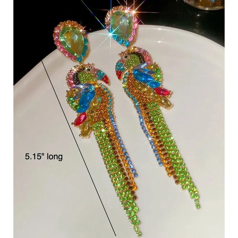 Multicolor Rhinestone Parrot Tassel Drop Earrings Tropical Bird Statement 5.15